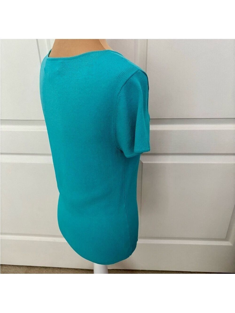 Kasper Turquoise Ribbed Knit Top | Wide Square Neck | Size Large - Picture 7 of 10